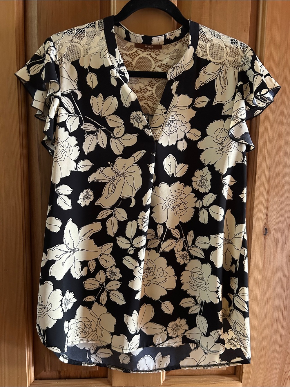 Gaharu Women's Black Floral Lace-Back Blouse with Cream Blooms